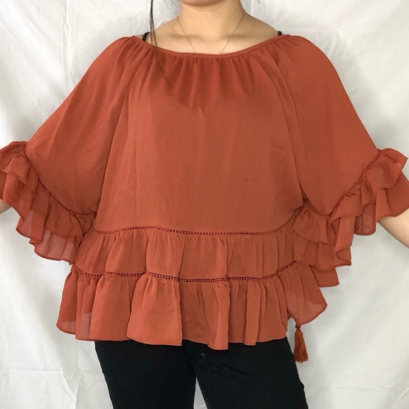 Women’s Orange Ruffle Flowy Tassle Blouse Top size L - Picture 4 of 4